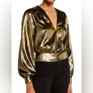FRAME Smocked Metallic Surplice Long Sleeve Top Gold Size XS
